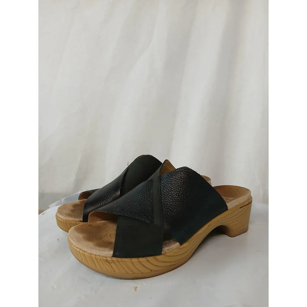 Dansko Miri Black Genuine Leather Criss Cross Slide Sandals Platform 39 US 8.5